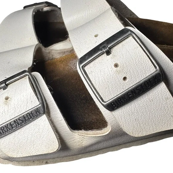 Birkenstock Arizona White Birko-Flor Faux Leather Two Strap Slide Sandals Sz 38 - Picture 8 of 11